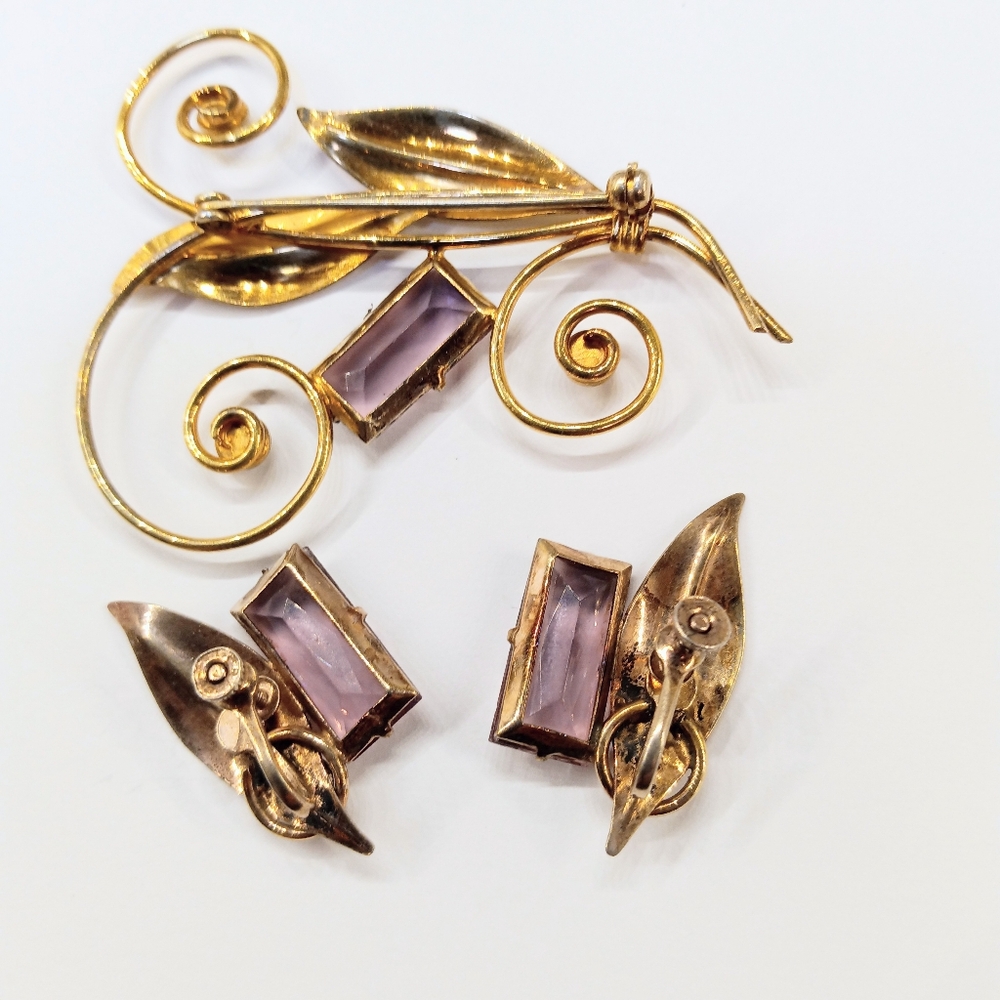 Vintage Gold Over Sterling Purple Stone Brooch And Earrings - Picture 3 of 7